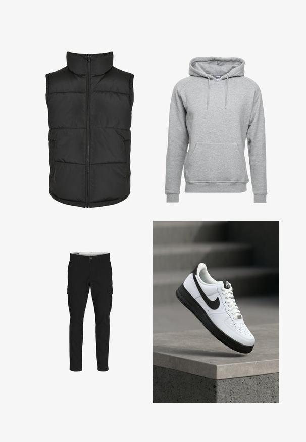 Chaleco acolchado negro con cuello alto, cremallera frontal y sin mangas. Presenta secciones acolchadas y bolsillos laterales para mayor practicidad.; Sudadera gris hecha de suave material de algodón, con un bolsillo frontal, cordones ajustables y puños y dobladillo acanalados.; Pantalones cargo negros con corte ajustado, que cuentan con bolsillos laterales, cierre de botón y una suave tela de mezcla de algodón.; Zapatilla deportiva de cuero blanco con detalles en negro, punta redondeada y detalles perforados. Suela de goma negra con patrón texturizado y cierre de cordones.