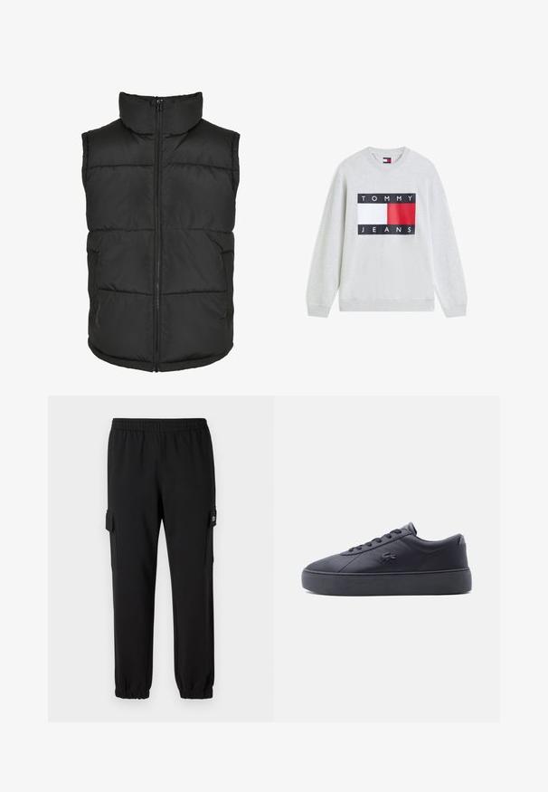 Sort polstret vest med høj krave, frontlynlås og uden ærmer. Har kviltede sektioner og sidelommer for praktisk brug.; Lysegrå crewneck-sweatshirt med en stor Tommy Jeans-logo, der har et rødt, hvidt og sort rektangulært design på fronten.; Sorte sweatpants med elastisk talje, indsnævrede manchetter og sidelommer. Fremstillet af blødt materiale med en glat tekstur.; Sort læder lav-top sneaker med tyk sål, snørebånd foran og krokodillelogo på siden, vist fra ydersiden.