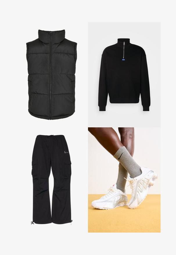 Sort polstret vest med høj krave, frontlynlås og uden ærmer. Har kviltede sektioner og sidelommer for praktisk brug.; Sort pullover sweatshirt lavet af blødt materiale, med høj krave og halv lynlås. Viser et blåt rektangulært logo på brystet.; Sorte cargobukser lavet af letvægtsstof, med elastisk talje med snøre, sidelommer og justerbare manchetter.; Nike sneakers i hvid med sølv accenter, der har teksturerede paneler og perforeringer. Sammen med grå ribbede sokker, sat mod en gul baggrund.