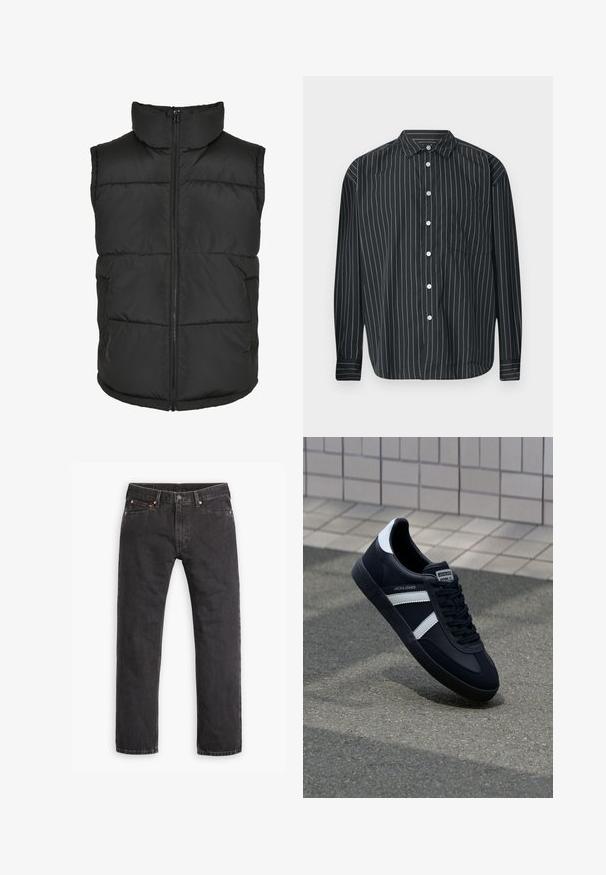 Must have kõrge kaelusega must voodri vest, ees tõmblukuga ja ilma varrukateta. Omab tikitud osi ja külge taskuid praktilisuse jaoks.; Must mustriga nupuga särk, millel on õhukesed valged vertikaalsed triibud, üks rinna tasku, sile kangas ja klassikaline krae disain.; Mustad sirgedega teksased viie tasku, nööbiga kinnitamine ja vasknupud, laotatud tasasele valgele taustale.; Must have musta sneaker musta valgete triipudega, tekstuurne kummitald ja nööridega esiosa. Omab bränditud märki keele peal.