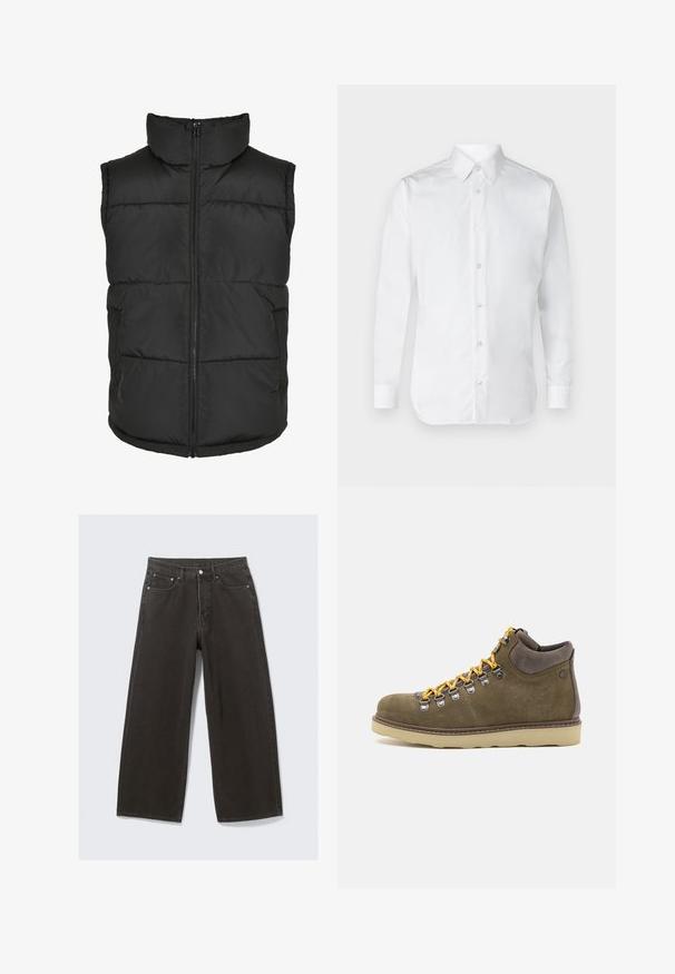 Chaleco acolchado negro con cuello alto, cremallera frontal y sin mangas. Presenta secciones acolchadas y bolsillos laterales para mayor practicidad.; Camisa blanca de botones con mangas largas, hecha de tela de algodón suave, con cuello clásico y un brillo sutil. Cinco botones en la parte delantera.; Los vaqueros de mezclilla negros de pierna ancha cuentan con una cintura alta, diseño de cinco bolsillos y un cierre de botones. La tela tiene un acabado suave y texturizado.; Botas de senderismo de ante en verde oliva con suela de goma beige. Presentan cordones amarillos, ojales metálicos y soporte acolchado en el tobillo.