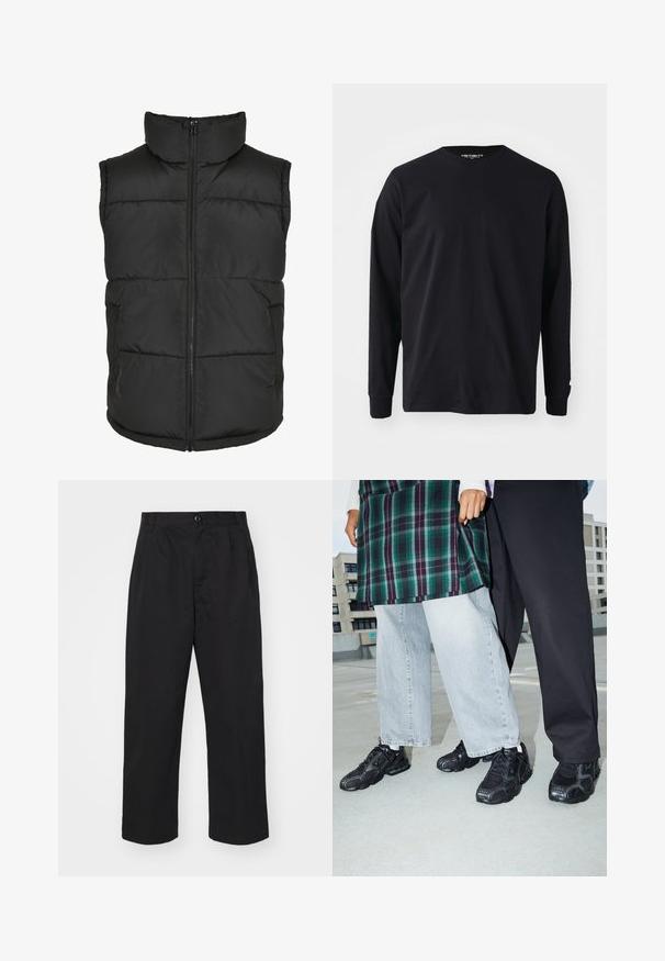 Must have kõrge kaelusega must voodri vest, ees tõmblukuga ja ilma varrukateta. Omab tikitud osi ja külge taskuid praktilisuse jaoks.; Must musta varrukatega T-särk, mis on valmistatud puuvillast, ümmarguse kaelusega ja sirge lõikega, väikese logodetailiga varrukal.; Mustadest puuvillast püksid otse lõikega, millel on nupplist ja kaks esimest taskut ning sile tekstuur.; Mustad mustad jalanõud, millel on võrkkangast ja kummist aktsendid. Kannab heledat halli laiade jalgadega teksapükse ja ruudulist rohelisest topi. Lame pind taust.