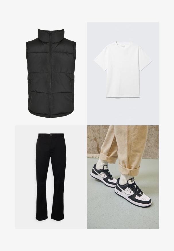 Chaleco acolchado negro con cuello alto, cremallera frontal y sin mangas. Presenta secciones acolchadas y bolsillos laterales para mayor practicidad.; Camiseta blanca de manga corta con cuello redondo, colocada plana, diseño liso, con etiqueta "WEEKDAY" en el interior del cuello sobre un fondo claro.; Pantalones negros de pierna recta, hechos de una tela suave. Cuentan con cierre de botón, trabillas para cinturón y bolsillos frontales. Diseño simple sin patrones.; Zapatillas Nike Air Force 1 en blanco y negro con parte superior de cuero, puntera perforada y detalle de suela texturizada, combinadas con pantalones beiges remangados y calcetines blancos.