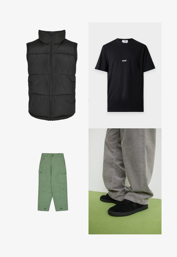 Sort polstret vest med høj krave, frontlynlås og uden ærmer. Har kviltede sektioner og sidelommer for praktisk brug.; Sort bomulds t-shirt med rund hals og korte ærmer. Forsiden viser hvidt "MSGM" logo centreret. Glat tekstur, standard pasform.; Grøn cargo-bukser med afslappet pasform, to store sidelommer og justerbare ankelmanchetter. Fremstillet af tekstureret bomuldsstof.; Sorte ruskind skate sko med en struktureret finish og et logo, parret med grå cordurypants med en ribbet tekstur. Grøn gulvoverflade.