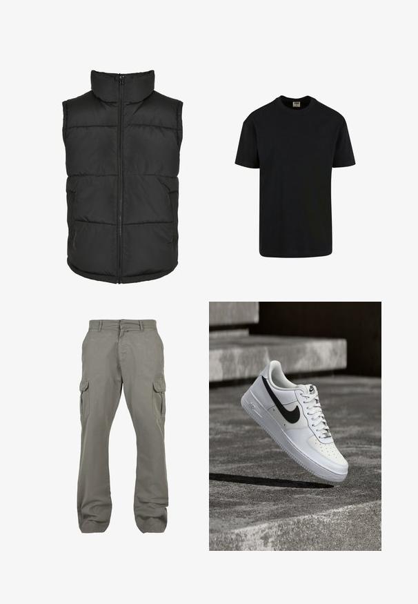 Chaleco acolchado negro con cuello alto, cremallera frontal y sin mangas. Presenta secciones acolchadas y bolsillos laterales para mayor practicidad.; Urban Classics SHORTSLEEVE - Camiseta básica - black; Pantalones cargo gris claro de algodón, con dos bolsillos laterales, dos bolsillos cargo, diseño de pierna recta y cierre de cremallera.; Zapatilla blanca Nike Air Force 1 con el logo Swoosh negro, cordones atados, posicionada en el aire sobre una superficie de concreto texturizado al aire libre.