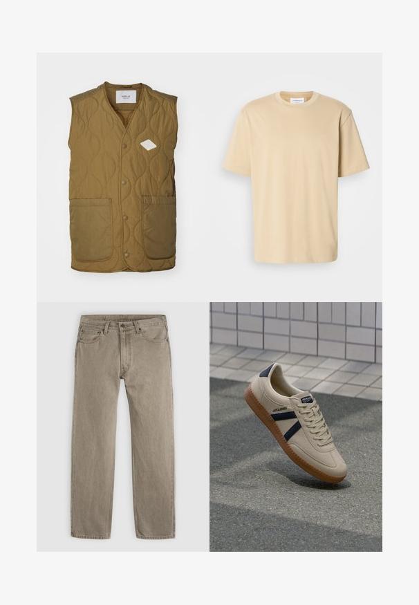 Chaleco acolchado en verde oliva con un parche de logo en forma de diamante, cuello redondo, botones a presión en la parte delantera y dos grandes bolsillos frontales.; Camiseta de manga corta beige, hecha de una tela suave. Presenta un escote redondo y un corte relajado sin patrones ni acentos visibles.; Vaqueros de pierna recta en beige con bolsillos delanteros, trabillas para cinturón y cierre de botón, mostrados sobre un fondo gris.; Zapatilla beige con acabado texturizado, rayas azul marino y suela de goma. Presenta una lengüeta acolchada y un sistema de cordones tradicional para un ajuste seguro.