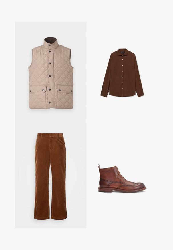 Barbour NEW LOWERDALE - Weste - washed stone; Braunes Hemd mit langen Ärmeln aus leichtem Material. Mit Kragen, vorderer Knopfleiste und geradem Saum. Einfache Textur.; Braune Cordhosen mit einem weit geschnittenen Design, das eine vertikale Rippstruktur, einen Knopfverschluss und standardmäßige Gürtelschlaufen aufweist.; Braune Lederstiefel mit dekorativen Broguedetails, runder Zehenform, Schnürdesign und niedrigem, gestapeltem Absatz. Enthält eine Zuglasche hinten.