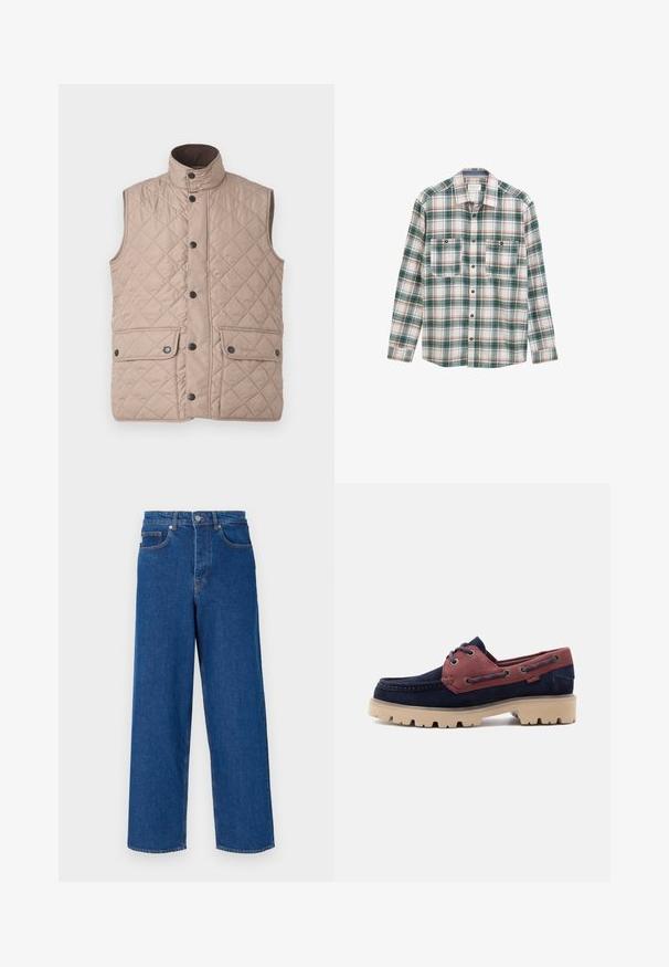 Barbour NEW LOWERDALE - Weste - washed stone; Langärmliges Button-Up-Hemd mit grün-weiß-rotem Karomuster, zwei vorderen, knöpfbaren Brusttaschen und klassischem Kragen.; Weite blaue Jeans aus Denim mit hoher Taille, Fünf-Taschen-Design und Kontrastnähten entlang der Nähte und Taschen.; Marineblaue und bordeauxrote Leder- und Wildleder-Bootsschuhe mit dicker beiger Profilsohle und gebundenen Schnürsenkeln vor weißem Hintergrund.