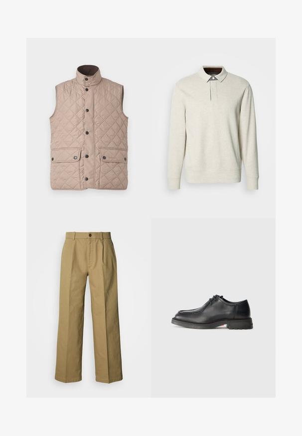 Barbour NEW LOWERDALE - Weste - washed stone; Hellbeiger Pullover mit einem Kragen und Knopfdetails, ausgestattet mit langen Ärmeln und einem weichen, strukturierten Stoff.; Beige weite Baumwollhosen mit Knopfleiste, drei Falten und geraden Säumen für eine lockere Passform.; Schwarzer Lederschuh mit glatter Textur, abgerundetem Zehenbereich und flacher, geprägter Naht. Dicke Gummisohle mit leichtem Absatz und rutschfester Musterung.