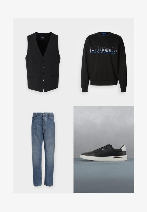 Chaleco negro ajustado con un profundo escote en V, cierre de cinco botones, dos bolsillos frontales y textura de tela suave. La etiqueta dice "BOSS."; Sudadera negra que presenta un gran logo "HUGO" en bordado de degradado azul. Cuello redondo, puños y dobladillo acanalados. Fabricada con una tela suave.; Vaqueros de mezclilla azul de corte recto con cintura alta, cierre frontal de botones y diseño de cinco bolsillos sobre un fondo claro y liso.; Zapatilla de cuero negra con suela blanca, cuenta con perforaciones, diseño de cordones, logo en el costado y detalle del talón en blanco y marrón.