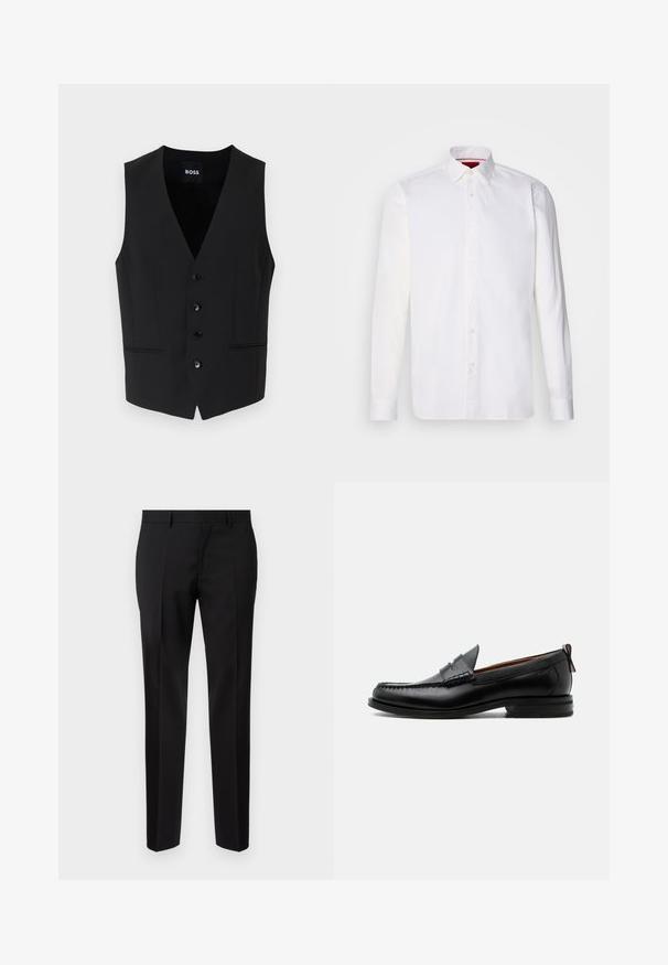 Chaleco negro ajustado con un profundo escote en V, cierre de cinco botones, dos bolsillos frontales y textura de tela suave. La etiqueta dice "BOSS."; Camisa blanca de manga larga hecha de algodón, con un collar clásico, placket frontal con botones y una textura suave. Detalle interior del collar en rojo.; Pantalones negros de corte ajustado, hechos de una tela suave, con pernera recta, detalles de pinzas refinadas y una cinturilla clásica con ojales para cinturón.; Mocasín de hombre de piel negra con costura moc toe, tira penny, cuello texturizado y tacón bajo apilado sobre fondo blanco.
