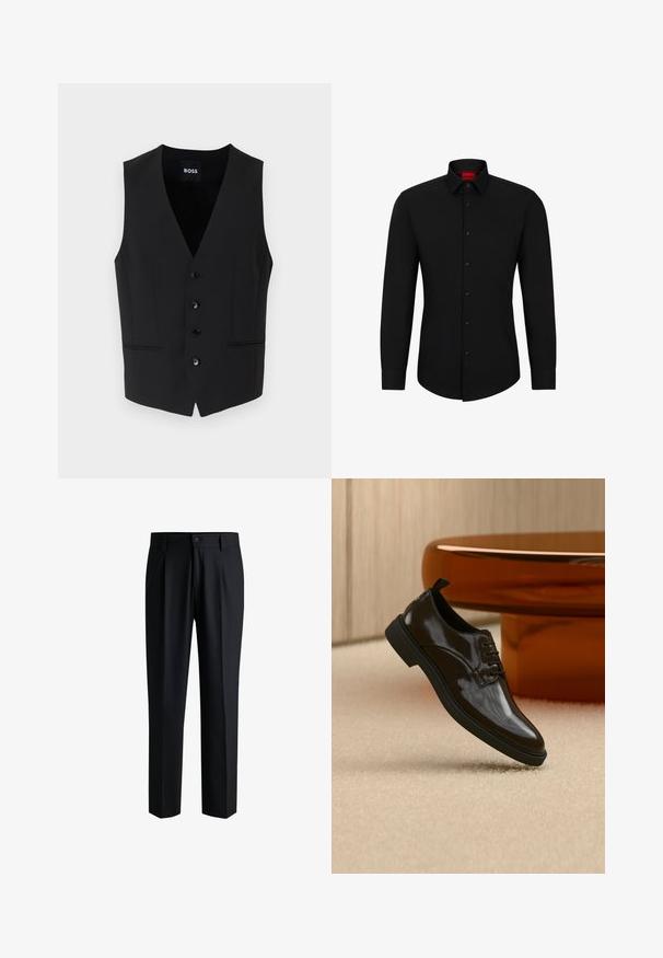 Chaleco negro ajustado con un profundo escote en V, cierre de cinco botones, dos bolsillos frontales y textura de tela suave. La etiqueta dice "BOSS."; Camisa negra de manga larga con botón frontal, cuello clásico y dobladillo redondeado; cuenta con botones negros y un logotipo rojo en el interior del cuello.; Pantalones negros de tela suave, con un diseño de pierna recta, pliegues en la parte delantera y cierre de botón con trabillas para cinturón.; Zapato de vestir negro brillante de cuero con cordones flotando sobre una alfombra beige con una mesa redonda marrón brillante al fondo.