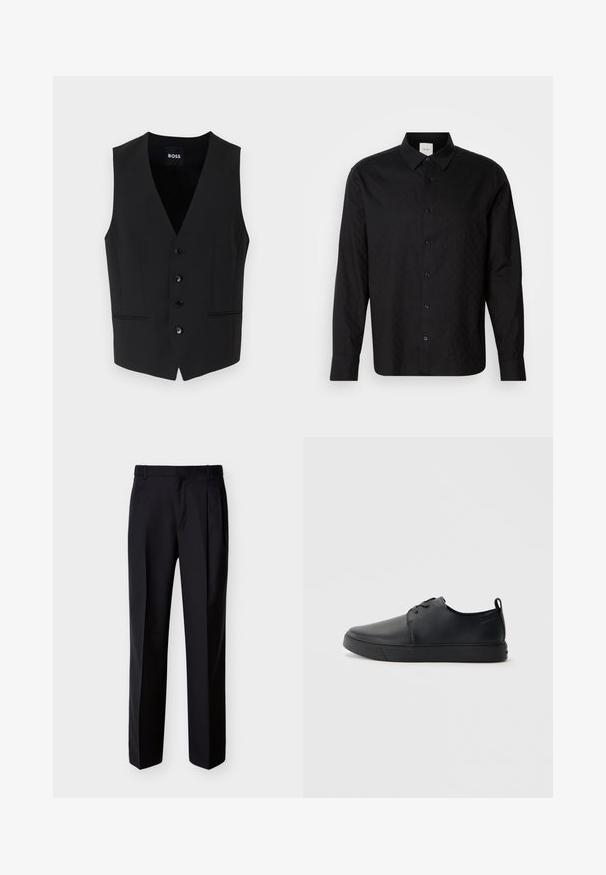 Μαύρο tailored γιλέκο με βαθύ V-ντεκολτέ, πεντακάβαλη κλεισίμα, δύο μπροστινές τσέπες και ομαλή υφή υφάσματος. Η ετικέτα αναγράφει "BOSS."; Μαύρο πουκάμισο με κουμπιά, με διαμαντένια υφή, μακριά μανίκια και κανονικό γιακά. Διαθέτει κουμπιά μπροστά και απλή πλάτη χωρίς διακοσμητικά στοιχεία.; Μαύρο παντελόνι με ίσια γραμμή, πιέτες στο μπροστινό μέρος και πλαϊνές τσέπες. Κατασκευασμένο από απαλό, ελαφρύ ύφασμα με μοτίβο μονής απόχρωσης.; Μαύρο δερμάτινο αθλητικό παπούτσι με λεία επιφάνεια, στρογγυλή μύτη, τονικό ράψιμο, κορδόνια μπροστά και επίπεδη καουτσούκ σόλα. Βρόχος στην πτέρνα.