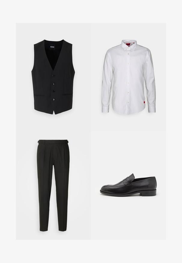 Chaleco negro ajustado con un profundo escote en V, cierre de cinco botones, dos bolsillos frontales y textura de tela suave. La etiqueta dice "BOSS."; Camisa blanca de manga larga con cuello abotonado, fabricada en tejido ligero. Presenta una discreta etiqueta de la marca en rojo en la parte inferior.; Pantalones negros ajustados con frontales lisos, dos pliegues, trabillas para cinturón y diseño de pierna recta. Fabricados con una tela suave y ligera.; Mocasines de cuero negro con punta redondeada y detalles de costura sutiles. Textura suave y tacón bajo con marca en la parte trasera.