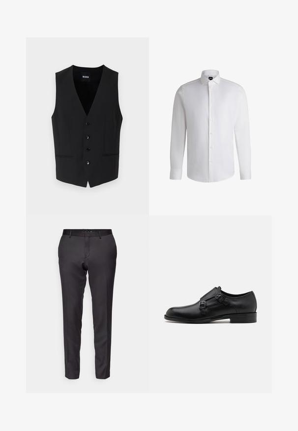 Chaleco negro ajustado con un profundo escote en V, cierre de cinco botones, dos bolsillos frontales y textura de tela suave. La etiqueta dice "BOSS."; Camisa blanca de manga larga hecha de algodón suave, con un cuello clásico, botonera completa y puños abotonados. Diseño minimalista.; Pantalones negros a medida, confeccionados en una tela suave, con un corte ajustado, pierna recta y diseño de frente plano con trabillas para cinturón.; Zapato de vestir de cuero negro con doble hebilla, silueta elegante y punta redonda. Cuenta con un tacón bajo y una textura suave.