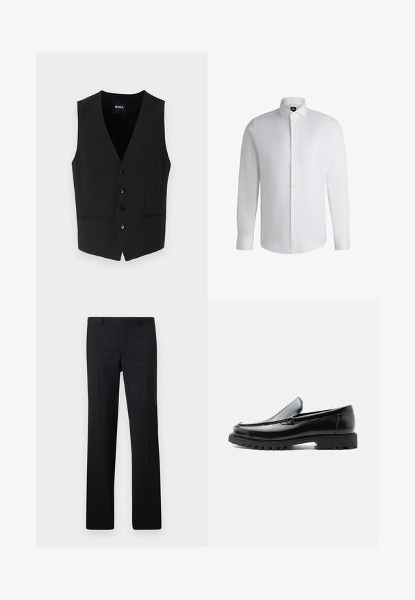Chaleco negro ajustado con un profundo escote en V, cierre de cinco botones, dos bolsillos frontales y textura de tela suave. La etiqueta dice "BOSS."; Camisa blanca de manga larga hecha de algodón suave, con un cuello clásico, botonera completa y puños abotonados. Diseño minimalista.; Pantalones negros ajustados con un diseño de pierna recta, pliegues marcados y un acabado suave. Fabricados en tejido ligero con una cintura limpia.; Mocasín de cuero negro con suela de goma gruesa, empeine cosido y nombre de la marca en relieve en el talón, mostrado en perfil lateral sobre fondo blanco.
