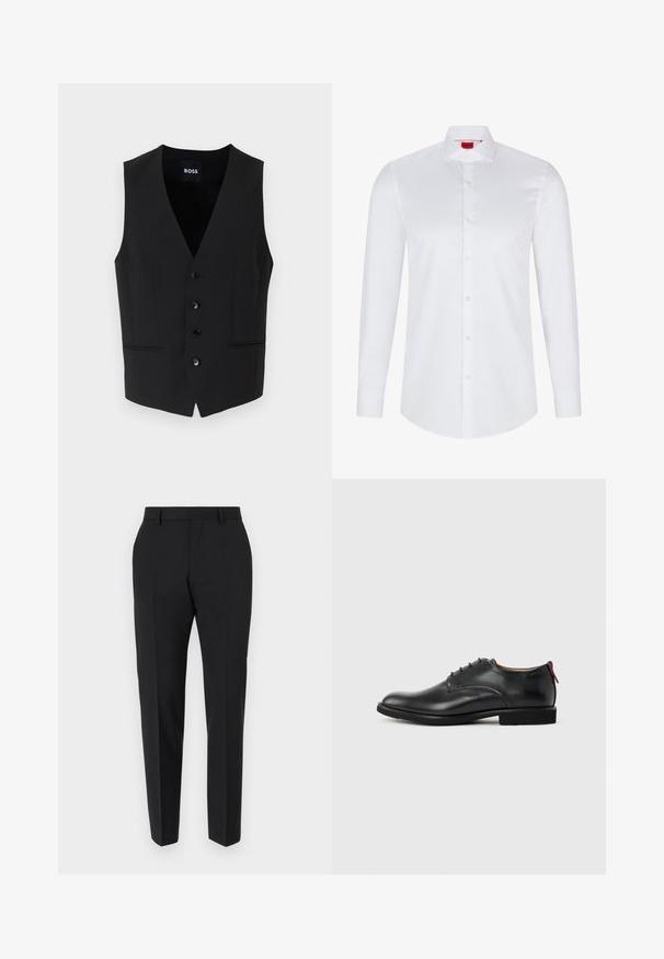 Zwart op maat gemaakte vest met een diepe V-hals, vijf knoopsluitingen, twee voorkeurszakken en een gladde stoftextuur. Label leest "BOSS."; Witte lange mouwen knoopsluiting shirt gemaakt van soepel katoen. Beschikt over een klassieke kraag, volledige knoopsluiting en afgeronde zoom.; Zwarte broek met een maatwerkontwerp, met een vlakke voorkant, plooidetails en een slanke pasvorm. Gemaakt van een gladde stof voor een verfijnde uitstraling.; Zwarte leren herenschoen met vetersluiting en rood trekfolie op de hiel tegen een effen achtergrond.