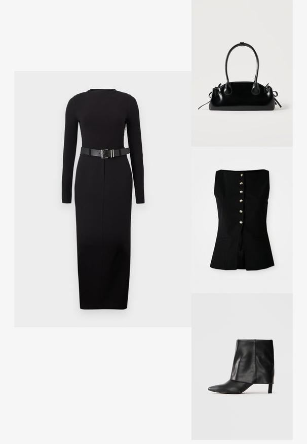Top negro sin mangas con escote recto, que presenta un cierre frontal de seis botones en material metálico y bolsillos laterales. Ajuste entallado.; Vestido midi negro de manga larga con cuello redondo y silueta ajustada, que cuenta con un cinturón ancho negro con hebilla rectangular plateada.; Botín de cuero negro a medio pantalón con punta afilada, parte superior doblada y tacón bajo delgado, de pie sobre un fondo blanco.; Pequeño bolso negro brillante con dos asas largas y detalles de cordón lateral sobre un fondo claro liso.