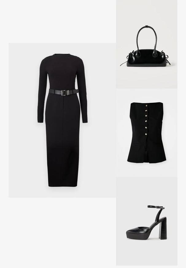 Top negro sin mangas con escote recto, que presenta un cierre frontal de seis botones en material metálico y bolsillos laterales. Ajuste entallado.; Vestido midi negro de manga larga con cuello redondo y silueta ajustada, que cuenta con un cinturón ancho negro con hebilla rectangular plateada.; Zapatos de tacón negro con punta afilada y correa ajustable en el tobillo. Confeccionados en cuero suave, presentan un tacón grueso.; Pequeño bolso negro brillante con dos asas largas y detalles de cordón lateral sobre un fondo claro liso.