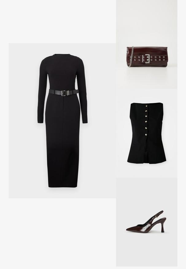 Schwarzes ärmelloses Oberteil mit geradem Halsausschnitt, ausgestattet mit einer Vorderseite, die aus sechs Knöpfen aus Metallic-Material besteht, sowie seitlichen Taschen. Maßgeschneiderte Passform.; Schwarzes, langärmeliges Midikleid mit Rundhalsausschnitt und figurbetonter Silhouette, ausgestattet mit einem breiten schwarzen Gürtel mit silberner rechteckiger Schnalle.; Braune lackleder Slingback-Absätze mit spitzem Zehen, einem dünnen Absatz und einem verstellbaren Riemen mit einer kleinen Schnalle.; Burgunderfarbene Kunstleder-Clutch mit einem silbernen Kettenriemen, ausgestattet mit einem Schnallendesign und metallischen Ösen vorne für zusätzliche Details.