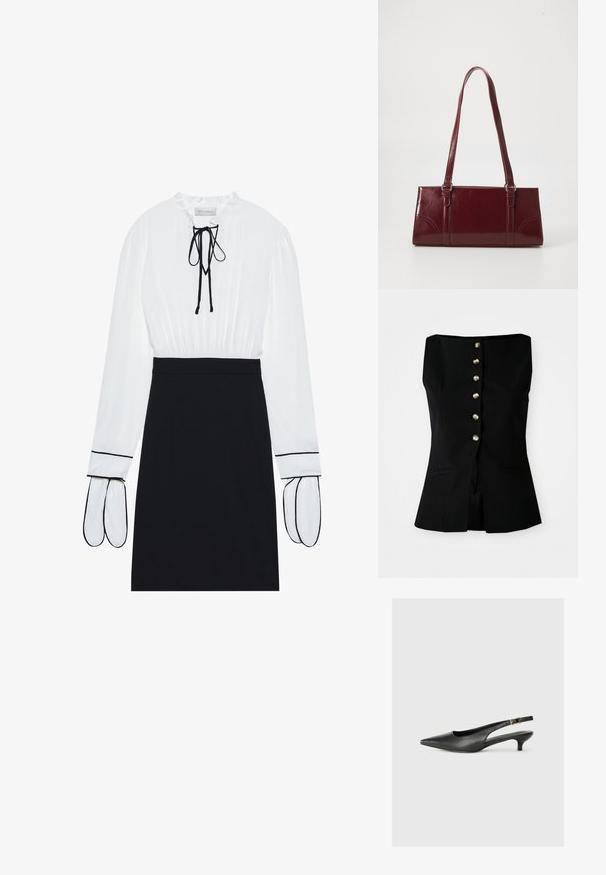 Top negro sin mangas con escote recto, que presenta un cierre frontal de seis botones en material metálico y bolsillos laterales. Ajuste entallado.; Blusa blanca con escote fruncido y cordón; falda negra ajustada con ribetes blancos en las mangas. Textura de tejido suave.; Zapato de tacón slingback negro de punta afilada, hecho de cuero suave. Presenta un tacón delgado y un detalle de hebilla en la correa ajustable.; Bolso burdeos hecho de material brillante, de forma rectangular, con dos asas para el hombro y sutiles acentos curvados en la parte frontal.