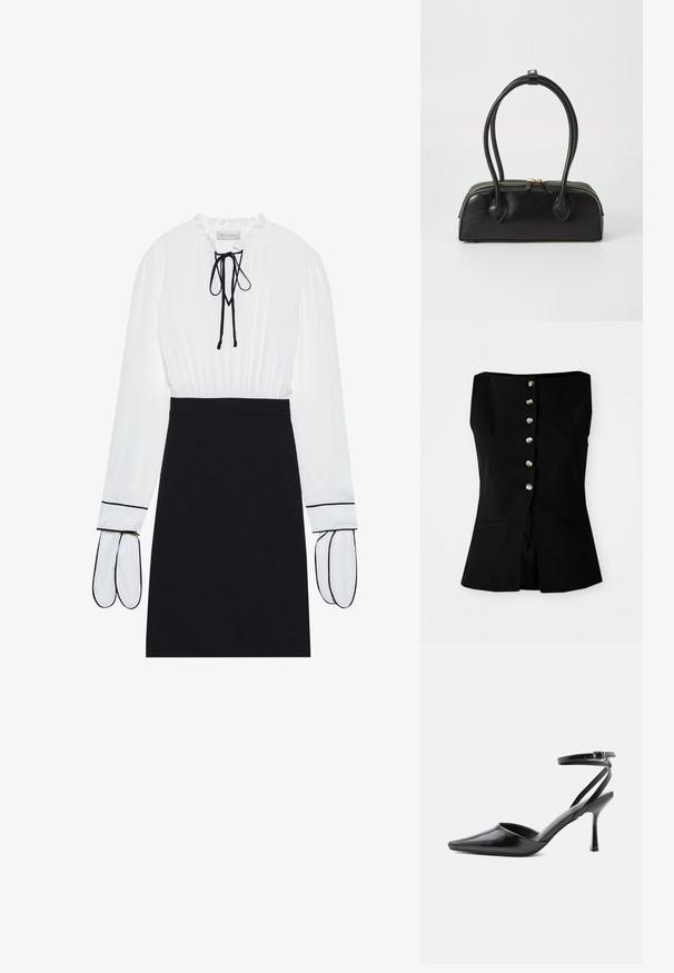 Top negro sin mangas con escote recto, que presenta un cierre frontal de seis botones en material metálico y bolsillos laterales. Ajuste entallado.; Blusa blanca con escote fruncido y cordón; falda negra ajustada con ribetes blancos en las mangas. Textura de tejido suave.; Zapato de tacón alto negro de punta fina con delgadas correas en el tobillo y cierre de hebilla plateada sobre un fondo liso claro.; Bolso de mano de cuero negro con dos asas alargadas, cierre de cremallera y forma redondeada; textura suave con un acabado ligeramente brillante.