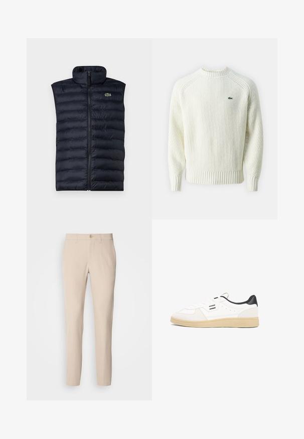 Tumes sinine puffer vest kõrge kaelusega, esine tõmblukuga ja horisontaalse neljakudumisega. Omab väikest rohelist logo vasakul ülal.; Kreemjas soonikkoes pullover ümara kaelusega ja pikkade varrukatega. Rinnal väike roheline logo ja tekstuuriga kangas.; Beežid püksid pehmest kangast, millel on nupuvärk, sirge lõige ja küljetaskud. Sile tekstuur minimaalsete õmbluste detailidega.; Valge nahast toss, millel on must konts, paeltega kinnitus, ülaosas perforatsioonid ja pruun kummist tald. Omab logode aksente.