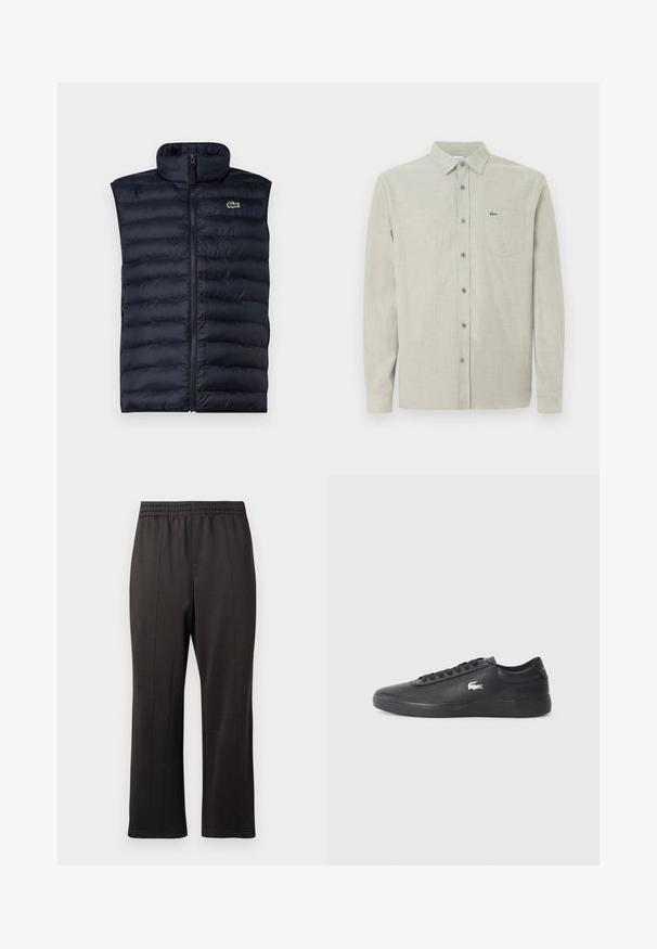 Veste matelassée marine avec col montant, fermeture éclair à l'avant et motif matelassé horizontal. Présente un petit logo vert sur le côté supérieur gauche.; Chemise boutonnée à manches longues de couleur beige clair avec col, poche poitrine et un petit logo de crocodile vert.; Pantalons noirs avec taille élastique, au design droit. Fabriqués en tissu lisse avec des détails de couture subtils sur le devant.; Sneaker en cuir noir avec bout arrondi, semelle plate et logo blanc sur le côté. Présente des lacets noirs et une finition lisse et mate.