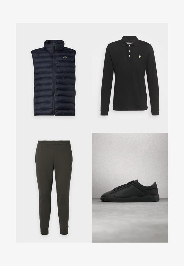 Veste matelassée marine avec col montant, fermeture éclair à l'avant et motif matelassé horizontal. Présente un petit logo vert sur le côté supérieur gauche.; Chemise polo noire à manches longues en coton. Elle dispose d'un col, d'une patte de boutonnage à trois boutons et d'un petit logo jaune sur la poitrine gauche.; Jogging en vert foncé en tissu doux, avec une taille élastique, des poignets côtelés et un petit logo sur le côté.; Baskets basses en cuir noir avec lacets et logo "BOSS" flottant au-dessus d'un sol en béton lisse près de blocs de verre.