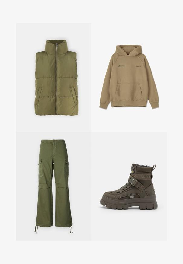 Olivgrüne Steppweste mit hohem Kragen, Frontreißverschluss und seitlichen Taschen. Detailliert mit gesteppter Textur und gepolstertem Design für Isolierung.; Beige Kapuzenpullover aus Fleece-Material, mit einer frontalen Tasche, gerippten Bündchen und gestickten Logos auf der Brust.; Olivegrüne Cargo-Hose aus Baumwolle mit weitem Bein, zwei Seitentaschen und verstellbaren Bändern am Saum.; Buffalo ASPHA LACEUP MID - Schnürstiefelette - khaki