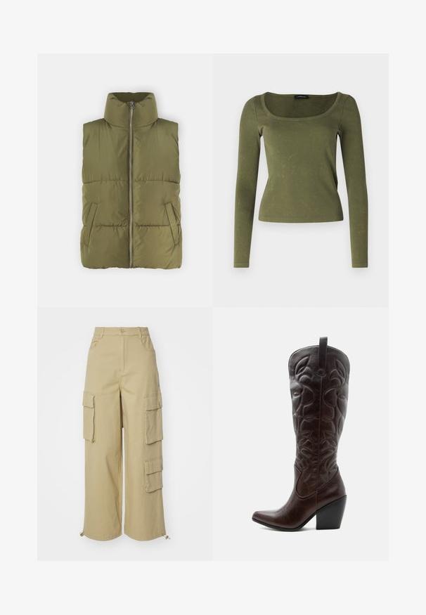 Olivgrüne Steppweste mit hohem Kragen, Frontreißverschluss und seitlichen Taschen. Detailliert mit gesteppter Textur und gepolstertem Design für Isolierung.; Olivenfarbene Langarmbluse aus geripptem Stoff, mit einem quadratischen Ausschnitt und taillierter Passform. Auffällige Textur mit dezenten Mustern.; Beige Cargo-Hose mit weitem Bein, zwei großen Seitentaschen, Vordertaschen und einem Kordelzugdetail am Saum. Baumwoll-Mischgewebe.; Hoher dunkelbrauner Leder-Cowboystiefel mit gestickten dekorativen Mustern, spitzer Spitze und gestapeltem Blockabsatz.