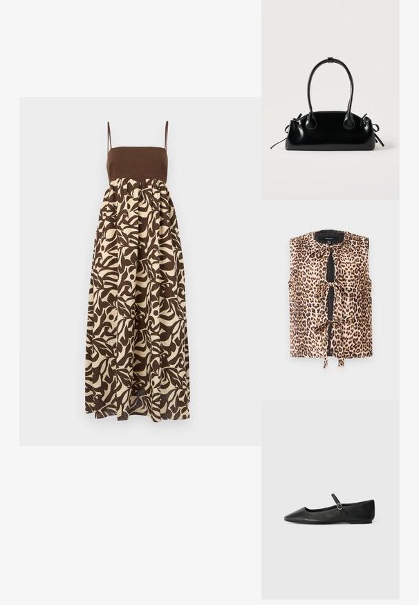 Leopardimustriga ilma varrukateta blousee, millel on sidumisefekt, pehmest kangast, ümar kaelus ja kontrastsed mustad detailid ees.; Pruun ja beež prindiga maxi kleit, millel on vormitud ülaosa, õhukesed rihmad ja laienev seelik, millel on orgaanilised lehemustid.; Mustast nahast balletisaapad terava varba, lame tallaga ja väikese pannalatega üle pahkluu kindla sobivuse tagamiseks.; Väike must läikiv käekott kahe pika sangaga ja külgedel paelakinnitustega, ühel lihtsal helel taustal.