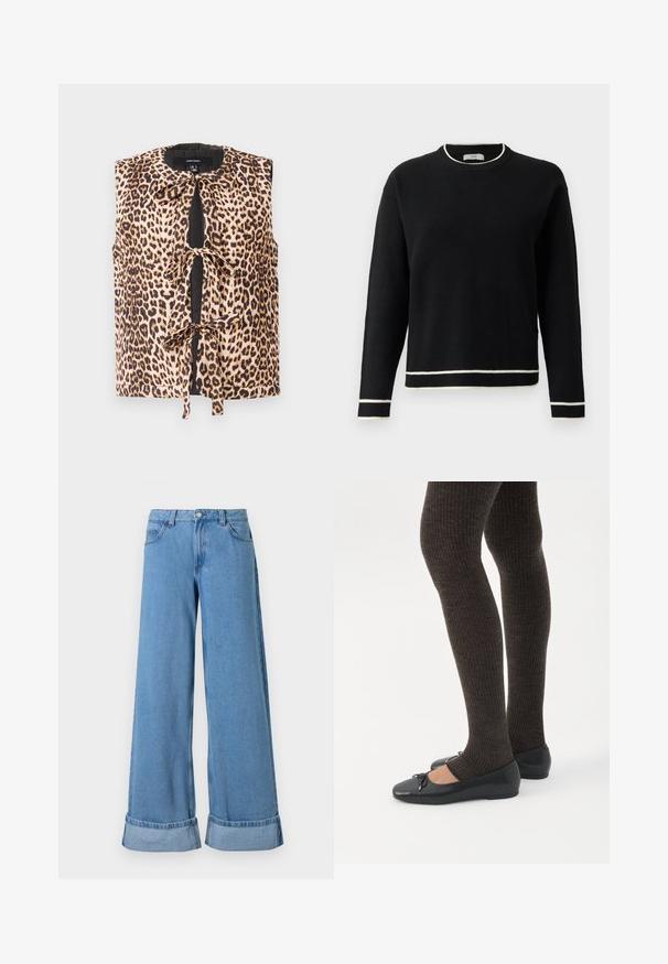Leopardimustriga ilma varrukateta blousee, millel on sidumisefekt, pehmest kangast, ümar kaelus ja kontrastsed mustad detailid ees.; Mustade pika varrukaga ümar kaelusega sviiter, millel on valge ääris krael, varrukatel ja allääres, esitatud lihtsa valge tausta ees.; Heledad sinine teksarihm, laiad jalad, kõrge vöökoht, keeratud servad, viie tasku disain ja nööpkinnitus koos tõmblukuga.; Jalad seljas tumedad soonelises soonelises kombines mustade baleriinadega, millel on väikesed paelade detailid valgel taustal.