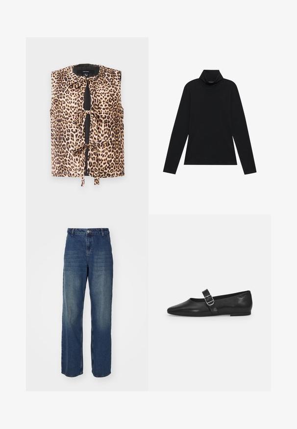 Leopardimustriga ilma varrukateta blousee, millel on sidumisefekt, pehmest kangast, ümar kaelus ja kontrastsed mustad detailid ees.; Musthave musta pika varrukaga dressipluus. Pehme kangas, keha järgi vormitud disain, kõrge krae ja külgõmblused. Lihtne ja mitmekülgne stiil, sobib ideaalselt kihiline riietumine.; Tumedat sinised denim teksad kõrge vöökoha, laia jala disaini ja kulunud kohtadega. Omavad nööpkinnitust ja vöökonte, sujuva tekstuuriga.; Must värvi nahast tasased kingad ümarate varvastega, ühe reguleeritava paelaga ja siledat, läikivat pinda. Minimalistlik disain madala kontsaga.
