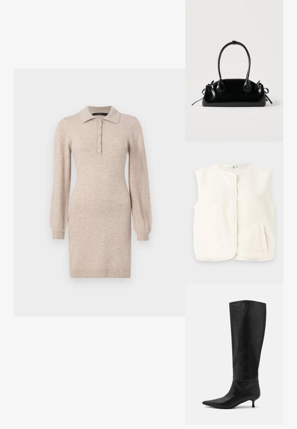 Fleece vest i cremefarve, ærmeløs design, med frontknapper og sidelommer. Blød tekstur med en glat inderside.; Beige strikket kjole med krave, fem knaplukninger og lange ærmer med ribbede manchetter. Glat tekstur, tætsiddende silhuet.; Knæhøje sorte læderstøvler med spids tå og kitten-heel. Glat tekstur og minimalistisk design uden synligt hardware eller accenter.; Lille sort blank håndtaske med to lange håndtag og snøre-detaljer i siden på en ensfarvet lys baggrund.