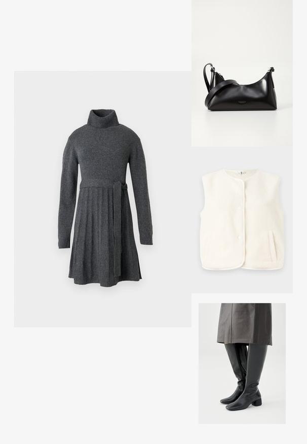Kreemjas värvitoonis fleecest vest, ilma varrukateta disain, millel on ees nupud ja küljetaskud. Pehme tekstuur ja sile sisemine vooder.; Hall värvi kootud kleit, millel on kõrge turtleneck, pikad varrukad, rõhutatud talje vööga ja pleeditud seeliku detail.; Põlveni ulatuvad mustad nahksaapad kandilise nina, kaldus plokktakjaga ja külje lukuga; sile tekstuur ja vormiv disain.; Mustmust nahkaga kott sileda tekstuuriga. Omab reguleeritavat rihma ja sujuvat, minimalistlikku disaini, millel on lukuga sulgemine.