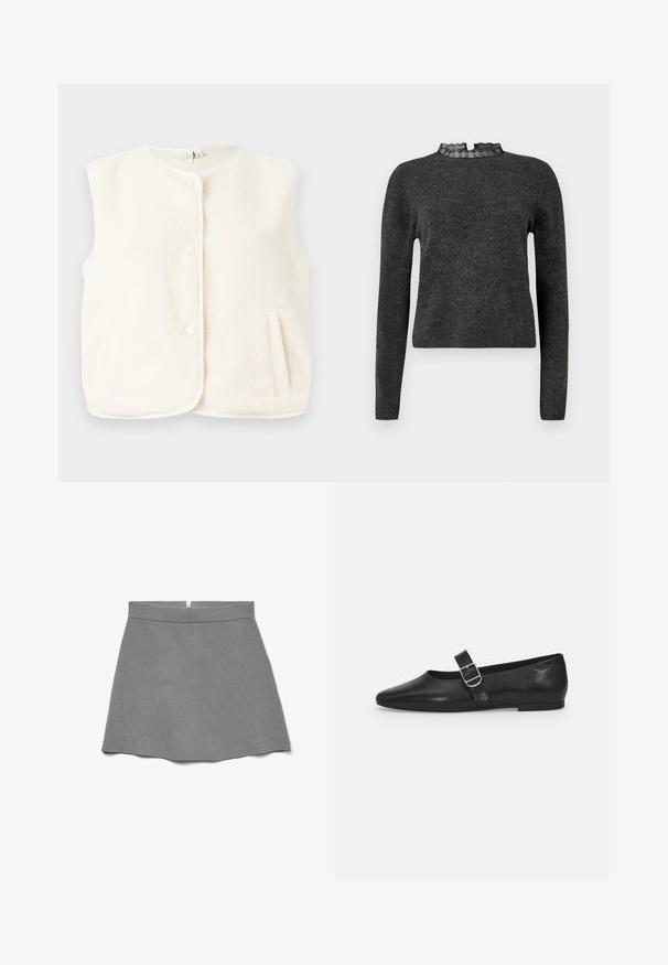 Fleece vest i cremefarve, ærmeløs design, med frontknapper og sidelommer. Blød tekstur med en glat inderside.; Mørkegrå sweater med lange ærmer, ribbet struktur og blondekantet halsudskæring. Stoffet virker blødt og let, velegnet til lag-på-lag. ; Grå nederdel lavet af blødt stof, med høj talje, vidde i skørtet og en skjult lynlås bagpå.; Sorte læder flade sko med rund tå, et enkelt justerbart spænde og en glat, blank overflade. Minimalistisk design med en lav hæl.