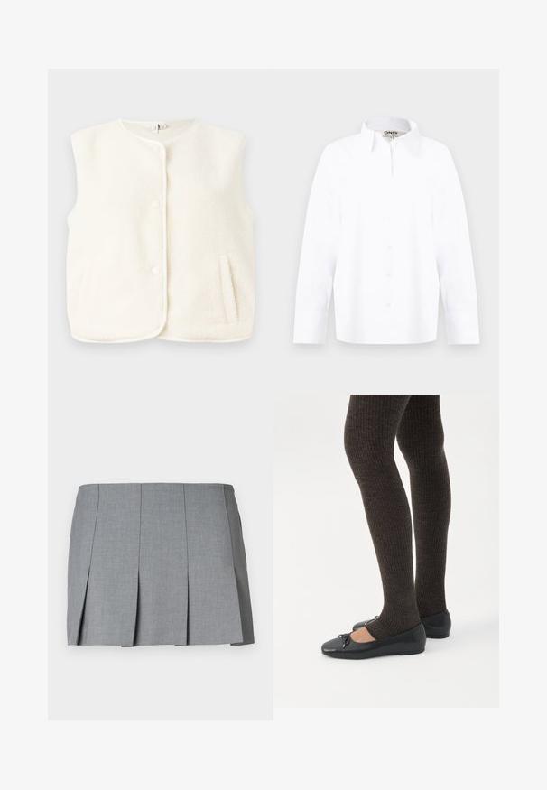 Fleece vest in crèmekleur, mouwloos ontwerp, met voor knopen en zijzakken. Zachte textuur met een gladde binnenvoering.; Witte lange mouwen blouse met knopen, een puntige kraag, smalle manchetten en het merkteken "ONLY" bij de hals, maat medium.; Grijze geplooide rok met een gladde textuur, gestructureerd ontwerp en een aansluitende taille. Gemaakt van een lichtgewicht stof met een subtiel patroon.; Benen met donkere geribbelde leggings gecombineerd met zwarte ballerina's met kleine strikdetails op een witte achtergrond.