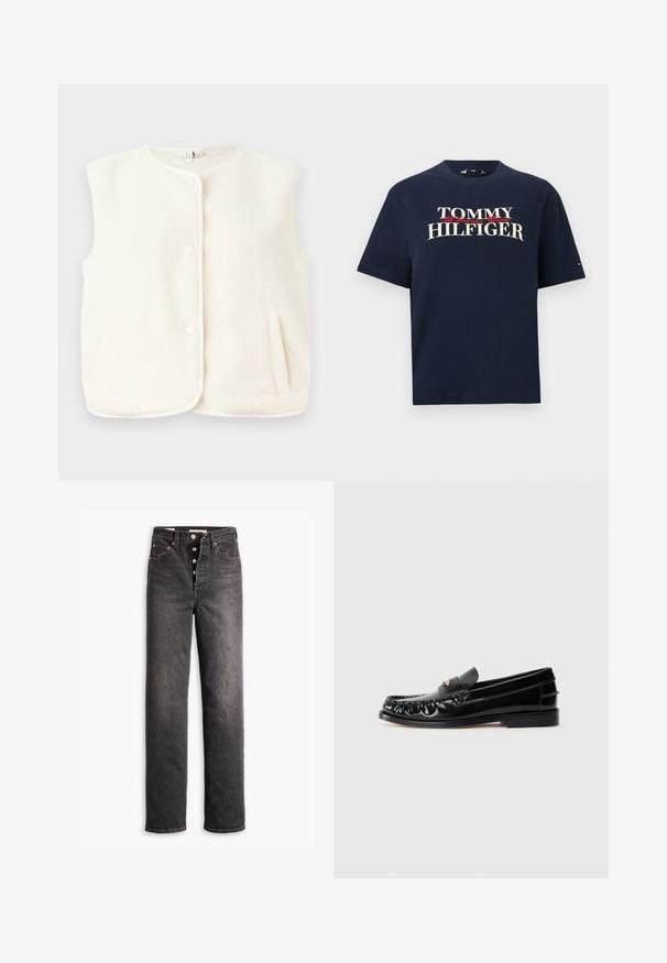 Fleece vest i cremefarve, ærmeløs design, med frontknapper og sidelommer. Blød tekstur med en glat inderside.; Mørkeblå bomuldst-shirt med teksten "TOMMY HILFIGER" med rød accent, rund hals, korte ærmer og en afslappet pasform.; Sorte højtaljede jeans med lige ben-design, lavet af denim. Features en knaplukning, kobberdetaljer og kontrastsyninger.; Sorte læder loafers med rund tå, dekorativ sying og en lille gul accent på vampen. Flad gummisål, slankt design.