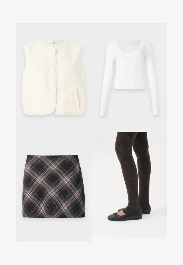 Fleece vest in crèmekleur, mouwloos ontwerp, met voor knopen en zijzakken. Zachte textuur met een gladde binnenvoering.; Witte, langärmelige, V-hals, aansluitende, cropped shirt met een eenvoudige, gladde stoftextuur op een neutrale achtergrond.; Zwart en beige geruite minirok met diagonaal geblokt patroon, aansluitende taille en een gladde stoftextuur.; Benen met donkere geribbelde leggings gecombineerd met zwarte ballerina's met kleine strikdetails op een witte achtergrond.