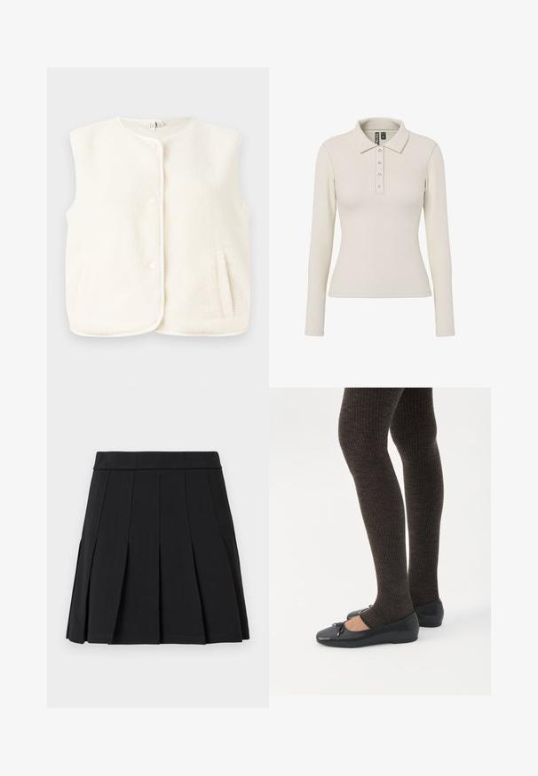Fleece vest in crèmekleur, mouwloos ontwerp, met voor knopen en zijzakken. Zachte textuur met een gladde binnenvoering.; Lange mouwen polo shirt in gebroken wit geribd materiaal met een kraag en vijf metalen knopen aan de voorkant. Getailleerd ontwerp.; Zwarte geplooide rok gemaakt van een glad materiaal. Voorzien van een brede tailleband en meerdere verticale mesplooien.; Benen met donkere geribbelde leggings gecombineerd met zwarte ballerina's met kleine strikdetails op een witte achtergrond.