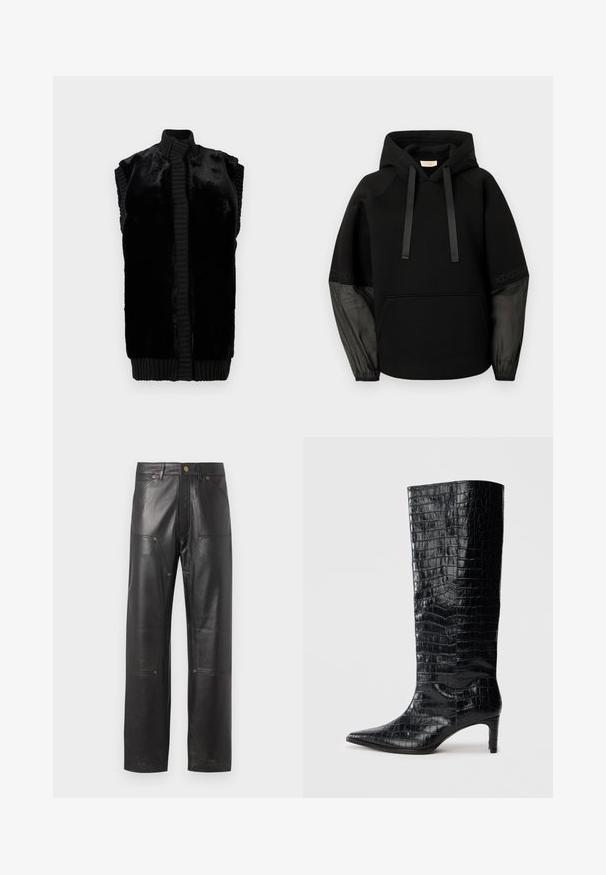 Schwarze ärmellose Weste aus weichem Kunstfell mit geripptem Kragen und Saum, in gerader Silhouette und ohne sichtbare Verschlüsse.; Schwarzer Hoodie mit einer Fronttasche, ausgestattet mit Satinband-Kordeln und transparenten, gemusterten Ärmeln. Weicher Stoff mit lässiger Passform.; Schwarze Lederhosen mit geradem Schnitt, auffälligen Nähten, vier Taschen und kupferfarbenen Hardwaredetails. Glatte Textur.; Schwarze kniehohe Stiefel mit glänzender, krokodilgeprägter Textur, spitzer Zehenpartie und schmalem Absatz. Glattes synthetisches Material.