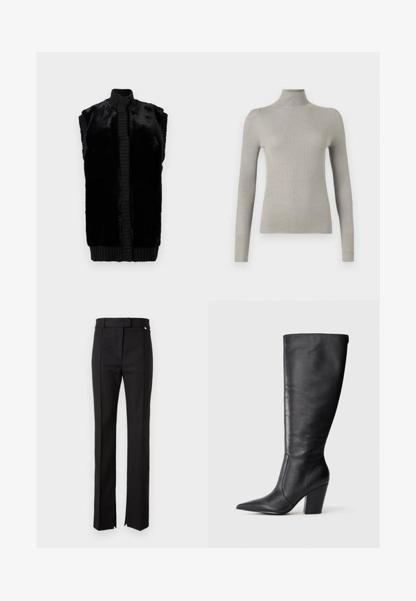 Sort ærmeløs vest lavet af blødt kunstpels med en ribbestrikket krave og fald, der har en lige silhuet og ingen synlige lukninger.; Lys grå, ribbet turtleneck sweater med lange ærmer. Blød tekstur, tætsiddende design, med høj hals og sømløs finish.; Sorte skræddersyede bukser med lige ben-design, der har et taljevindue med knaplukning og sideslids ved kanten.; Sort læderknehøj støvle med spids tå og kraftig høj hæl, vist i venstre sideprofil på hvid baggrund.