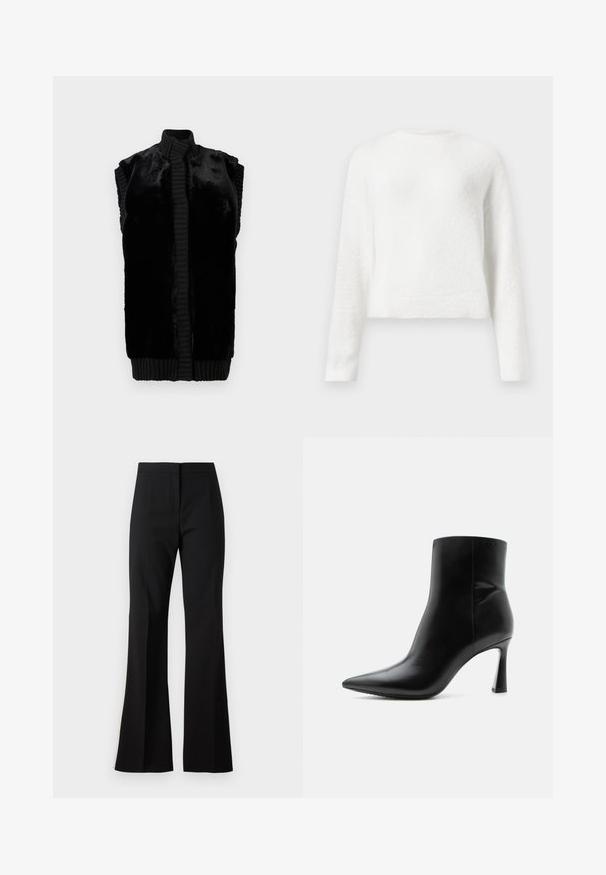 Sort ærmeløs vest lavet af blødt kunstpels med en ribbestrikket krave og fald, der har en lige silhuet og ingen synlige lukninger.; Hvid langærmet fuzzy crewneck sweater med en let cropped pasform og tekstureret stof.; Sorte svingbukser lavet af et glat stof, med højtaljet talje, forreste folder og en ren finish ved sømmene.; Sort læderankelstøvle med spids tå og slank, høj stilet hæl, vist i sideprofil på hvid baggrund.