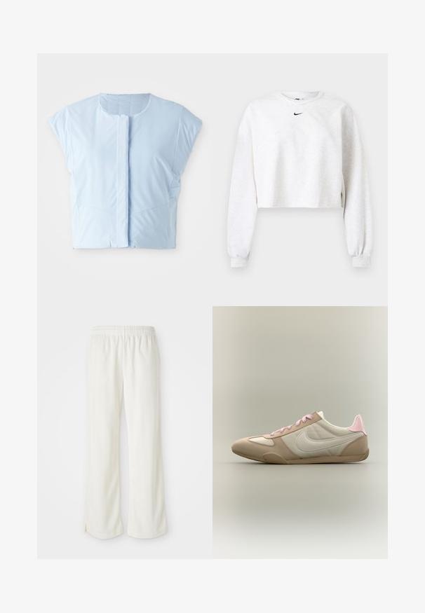 Lysblå crop top lavet af glat stof, med rund halsudskæring, korte ærmer, frontknaplukning og diskret sømdetaljering.; Kroppet sweatshirt i lysegrå, lavet af blødt stof. Har rund hals, lange ærmer med elastiske manchetter og et sort Nike-logo over brystet.; Cremefarvede bukser med bred ben-design, lavet af letvægtsmateriale, med lodrette striber og en elastisk talje.; Lavprofileret beige og hvid sneaker med lyserøde snørebånd og hælaccent, som viser Nike-swoosh på siden mod en ensfarvet baggrund.
