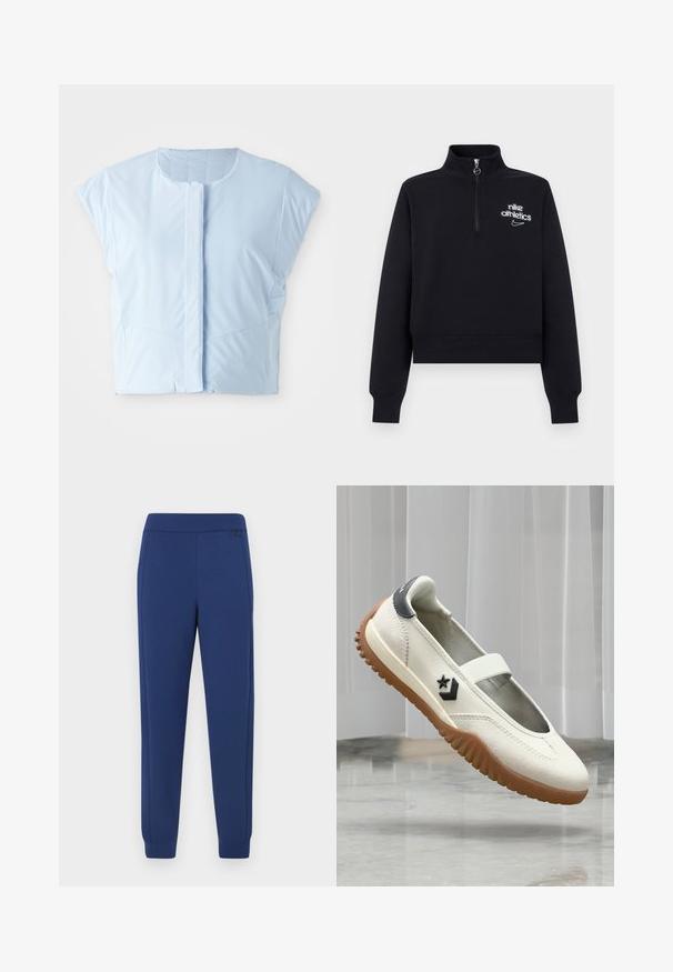 Lysblå crop top lavet af glat stof, med rund halsudskæring, korte ærmer, frontknaplukning og diskret sømdetaljering.; Sort cropped sweatshirt med lange ærmer, halvlange lynlåslukning ved kraven og hvid "nike athletics" tekst med swoosh-logo på venstre bryst.; Marineblå joggebukser lavet af blødt stof med en tætsiddende talje og elastiske manchetter. Har sidelommer og et minimalistisk design.; Hvid slip-on sko med brun gummisål, sort stjerne og chevron-logo på siden samt sort hælpude, placeret foran gråt gulv og baggrund med gardin.