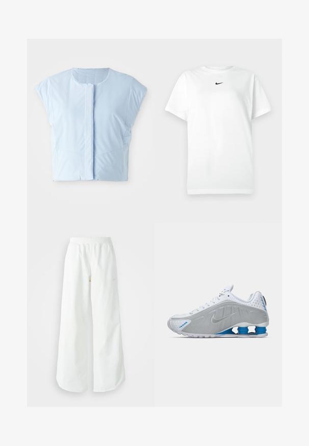 Lysblå crop top lavet af glat stof, med rund halsudskæring, korte ærmer, frontknaplukning og diskret sømdetaljering.; Hvid kortærmet T-shirt med rund hals, prydet med et lille sort Nike swoosh-logo centreret under halsudskæringen.; Hvide athletic bukser med vidde, ribbet talje og subtile logo detaljer. Glat stof med en afslappet pasform og tapered hals.; Hvide atletiske sko med grå detaljer, tekstureret overdel, perforeringer for åndbarhed og blå hælspiraler. Har en flad sål.