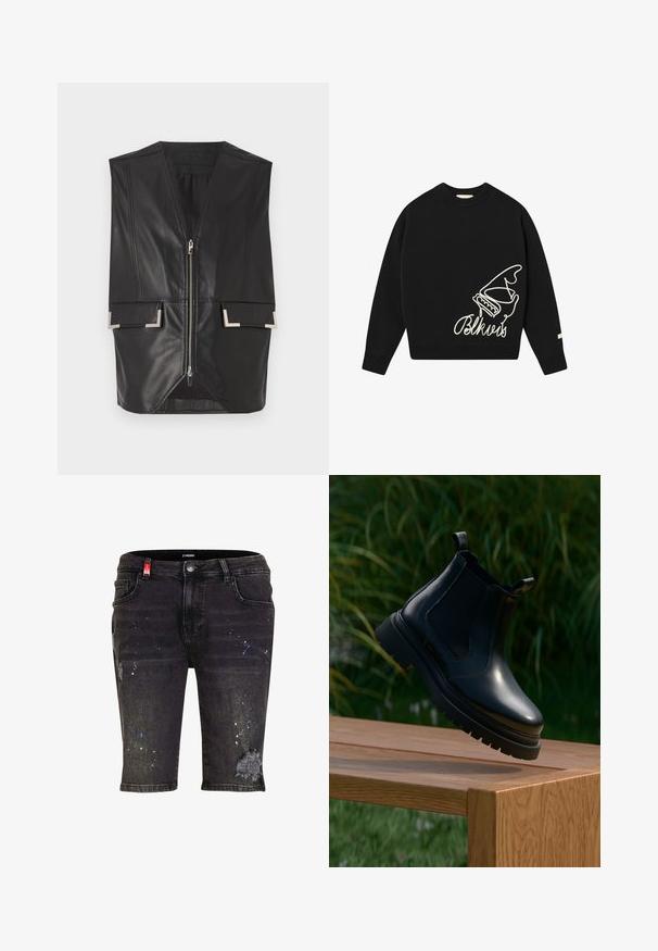 Zwarte leren vest met een V-hals, ritssluiting aan de voorkant en twee vierkante zakken met accent. Glad oppervlak en gestructureerd ontwerp.; Zwarte trui met ronde hals, voorzien van witte geborduurde hand- en tekstontwerpen. Gemaakt van zachte stof, met geribbelde manchetten en zoom.; Zwarte denim shorts met een verwoeste zoom, voorzien van witte en blauwe verfspetters. Klassiek vijf-pocket ontwerp en knoopsluiting.; Zwarte leren chelsea boot met een ronde neus, dikke rubberen zool en zij-elastische panelen, gepresenteerd op een houten oppervlak met groen in de achtergrond.