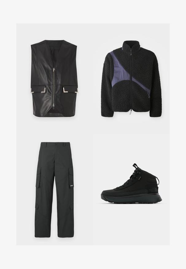Mustat nahkaliivi V-kaula-aukolla, edessä vetoketju ja kaksi neliökoristeltua taskua. Silkkinen pinta ja jämäkkä muotoilu.; Musta fleece-takki, jossa on viisto violetti nylon-aksentti, korkea kaulus, vetoketjusuljin ja tekstuuri, joka tarjoaa lämpöä.; Mustat suorat cargo-housut sivuflappitaskuilla, nappikiinnitys, vyölenkit ja pieni valkoinen logo oikeassa taskun flapissa.; Musta puolipitkä vaelluskengät, joissa on teksturoitu kangaspinta, vahvistettu varvaskuppi, turvallinen nauhoitusjärjestelmä ja pehmustettu pohja pidon takaamiseksi.