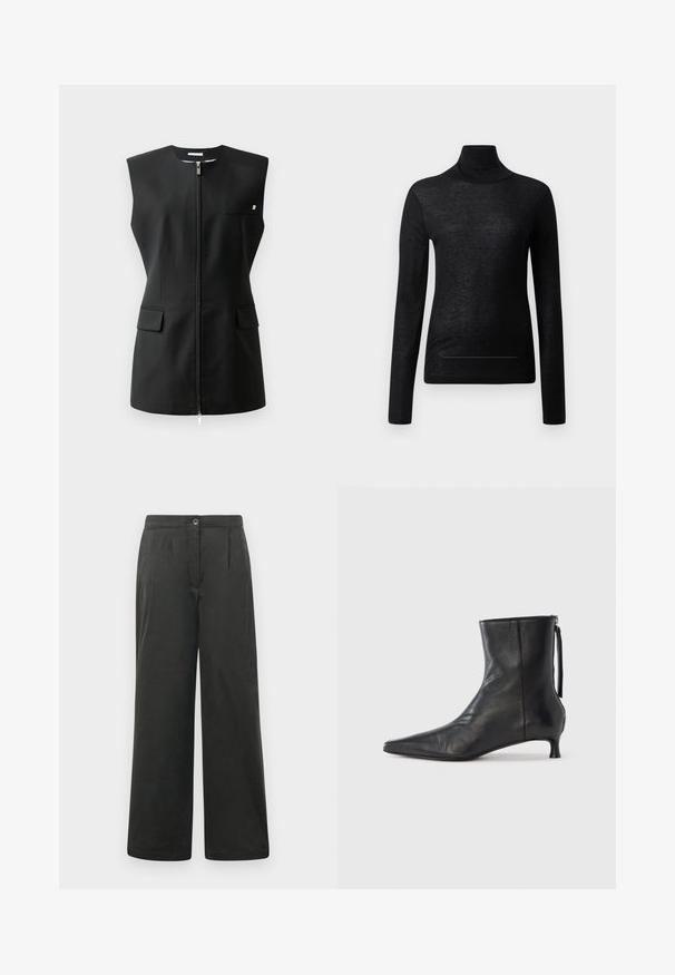 Veste sans manches noire avec fermeture éclair à l'avant, deux poches avant et un petit détail accentué. Fabriquée en tissu lisse.; Haut noir à manches longues et col roulé en tissu léger, avec une coupe ajustée et des détails de couture minimaux, idéal pour le superposition.; Pantalons larges noirs avec une texture lisse, dotés de plis avant, d'une fermeture à bouton et d'une taille élastique pour plus de confort.; Bottine en cuir noir à bout pointu, forme structurée et petit talon. Dispose d'une fermeture éclair latérale et d'un design minimaliste.